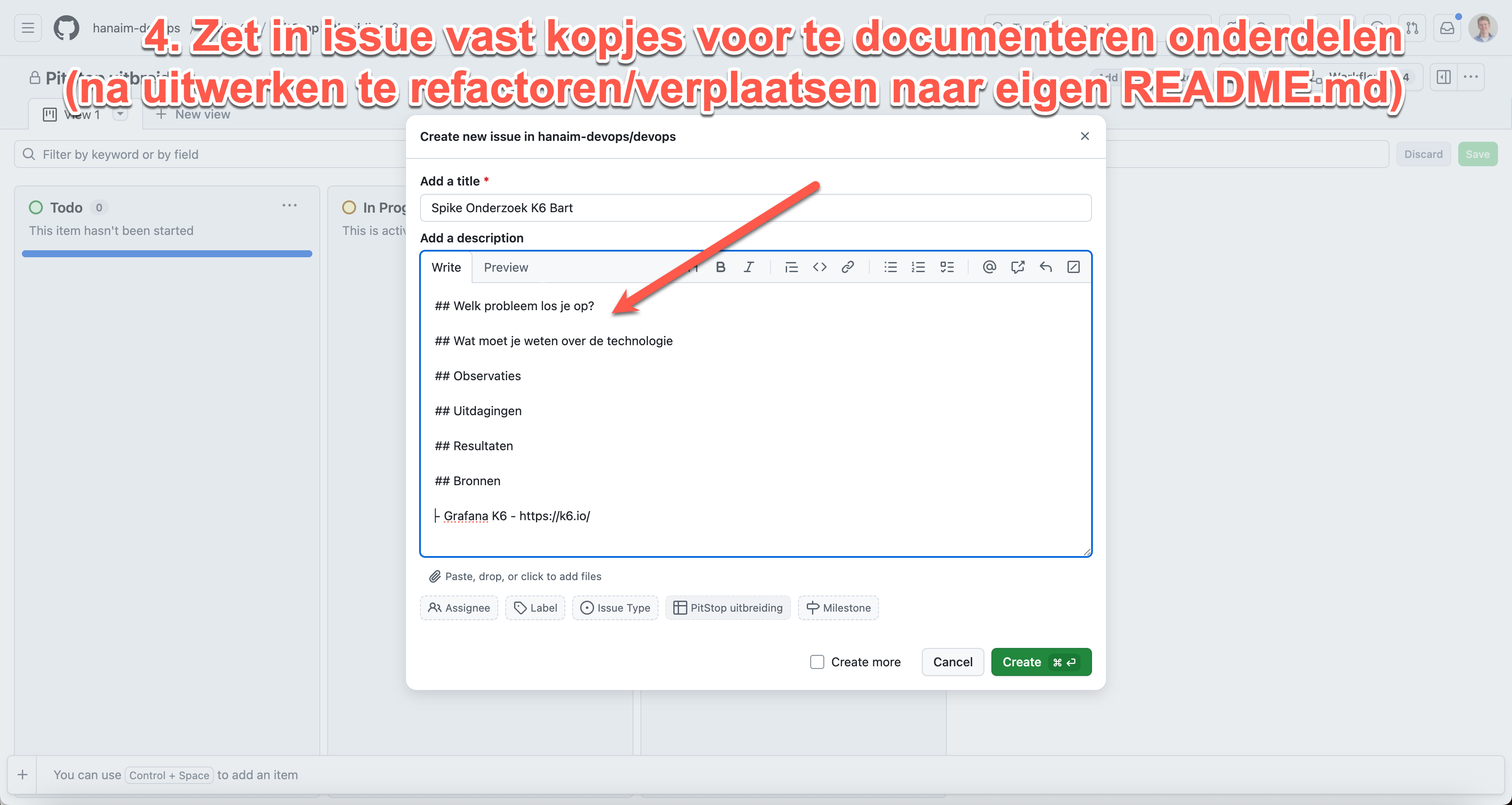 Issue body met template kopjes en bronnen