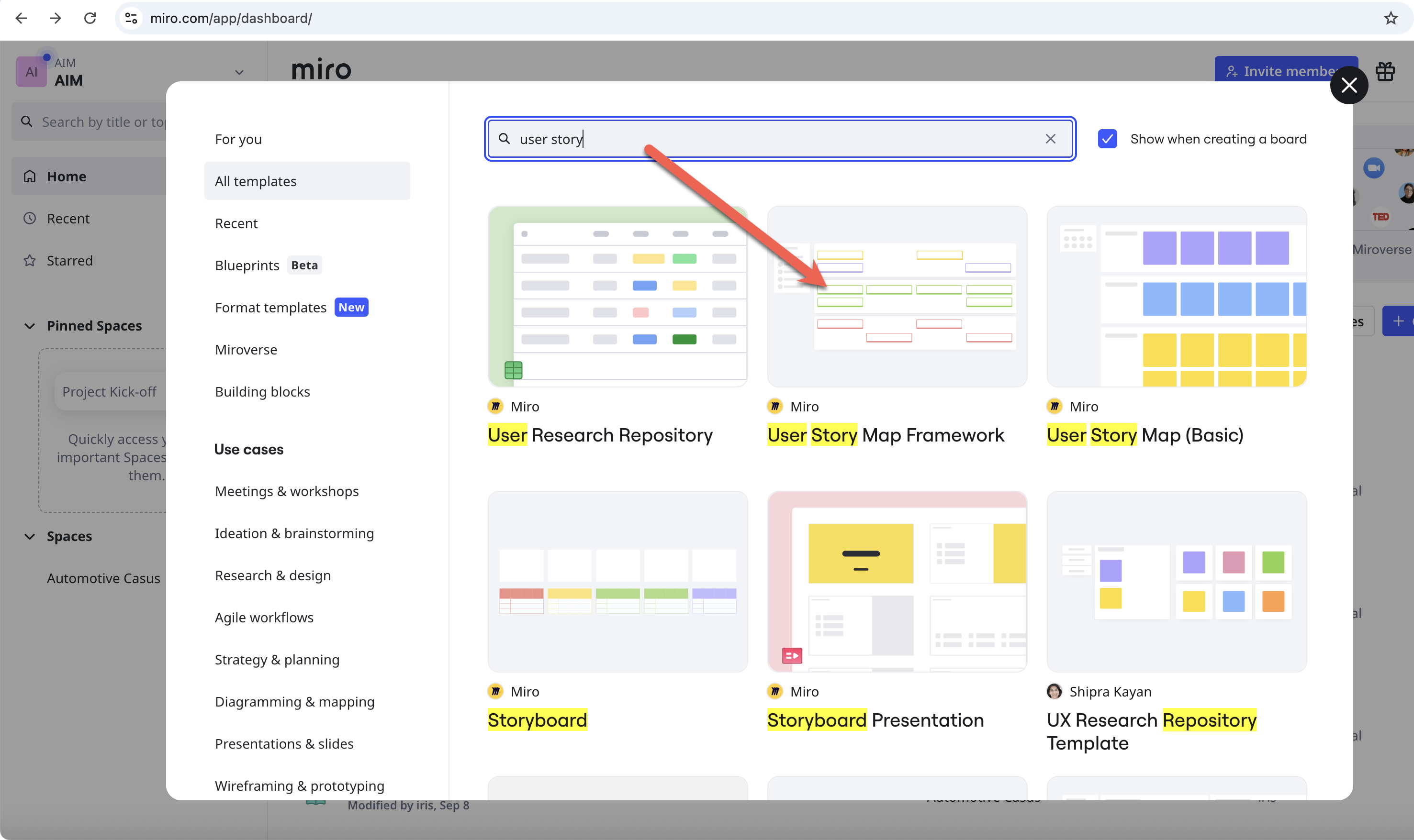 Miro – User Story Map templates zoekscherm